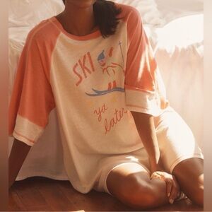 Anthropologie Cream and Peach 'Ski Ya Later' Graphic Raglan Sleep Tee